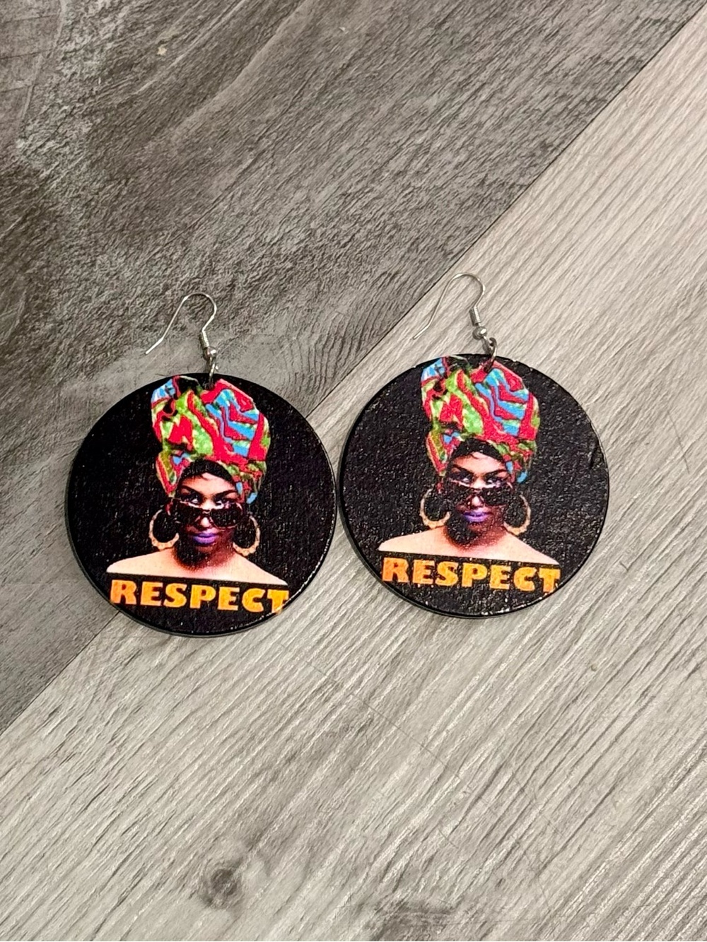 Respect Statement Black Round Earrings with Colorful Headwrap